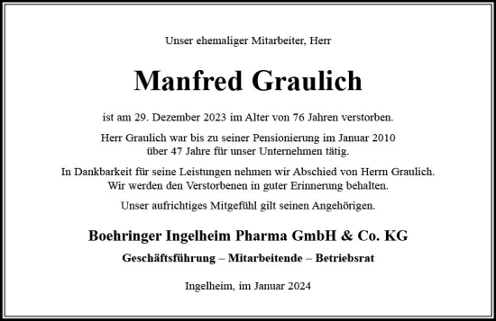 Traueranzeige von Manfred Graulich von Allgemeine Zeitung Bingen/Ingelheim