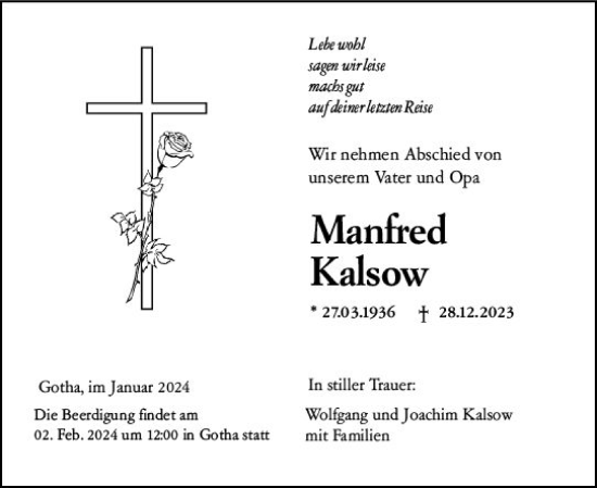 Traueranzeige von Manfred Kalsow von Nassauische Neue Presse