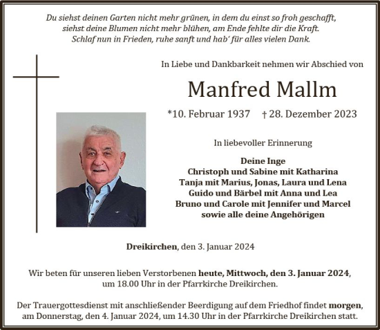 Traueranzeige von Manfred Mallm von Nassauische Neue Presse