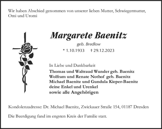 Traueranzeige von Margarete Baenitz von Darmstädter Echo