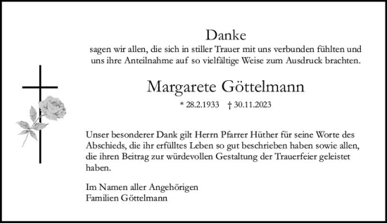 Traueranzeige von Margarete Göttelmann von Allgemeine Zeitung Bingen/Ingelheim