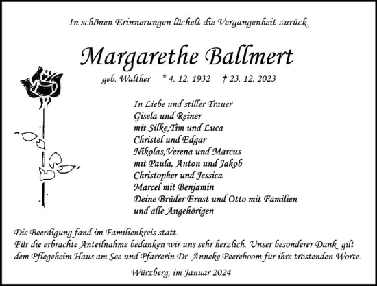 Traueranzeige von Margarethe Ballmert von Odenwälder Echo