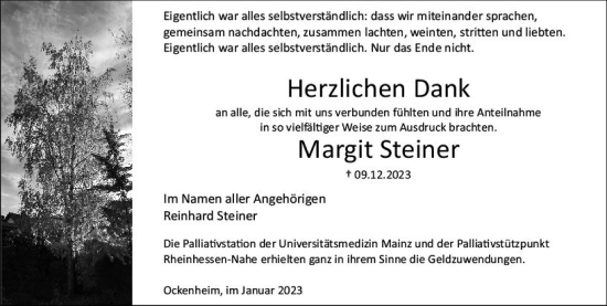 Traueranzeige von Margit Steiner von Allgemeine Zeitung Bingen/Ingelheim