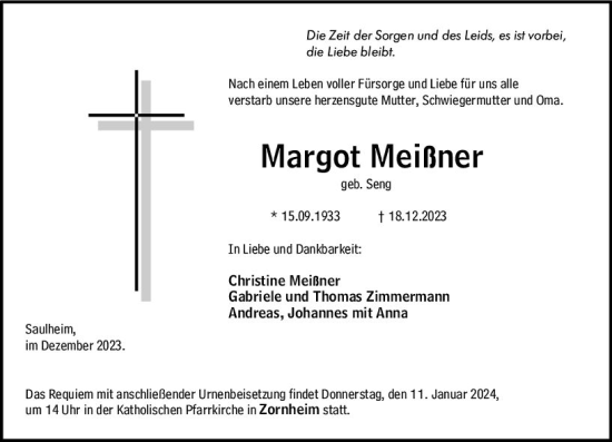 Traueranzeige von Margot Meißner von Allgemeine Zeitung Alzey