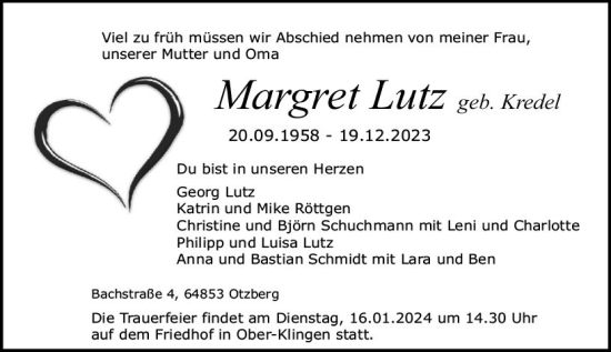 Traueranzeige von Margret Lutz von Darmstädter Echo