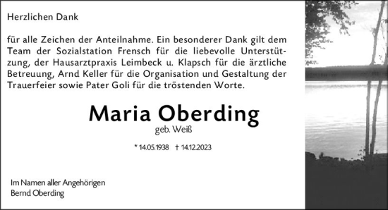 Traueranzeige von Maria Oberding von Weilburger Tageblatt
