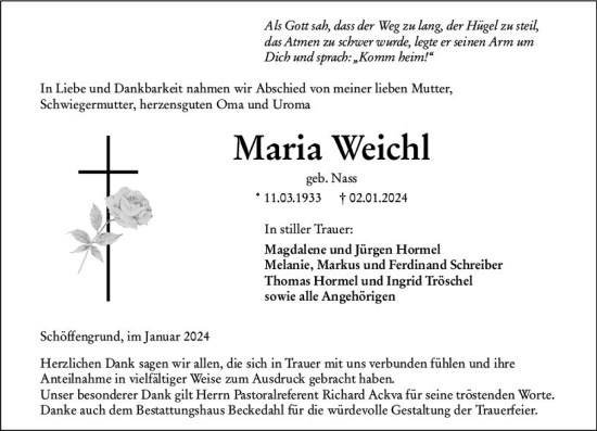 Traueranzeige von Maria Weichl von Wetzlarer Neue Zeitung
