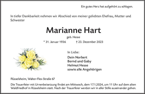 Traueranzeige von Marianne Hart von Rüsselsheimer Echo