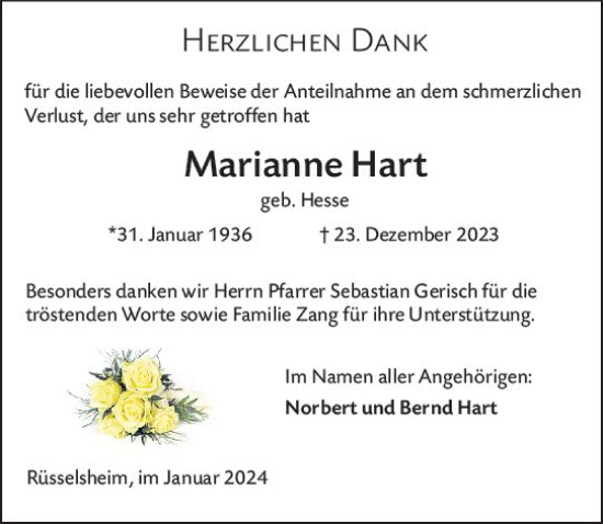 Traueranzeige von Marianne Hart von Rüsselsheimer Echo