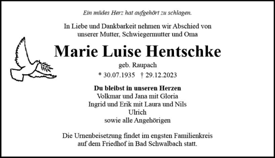 Traueranzeige von Marie Luise Hentschke von Idsteiner Land/Untertaunus