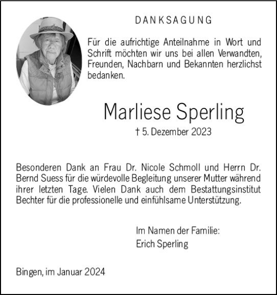 Traueranzeige von Marliese Sperling von Allgemeine Zeitung Bingen/Ingelheim