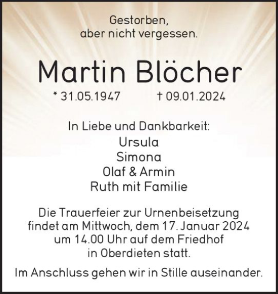 Traueranzeige von Martin Blöcher von Hinterländer Anzeiger