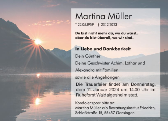 Traueranzeige von Martina Müller von Allgemeine Zeitung Bingen/Ingelheim