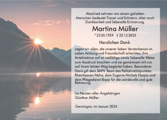 Traueranzeige von Martina Müller von Allgemeine Zeitung Bingen/Ingelheim
