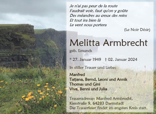 Traueranzeige von Melitta Armbrecht von Groß-Gerauer Echo