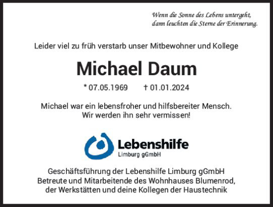 Traueranzeige von Michael Daum von Nassauische Neue Presse