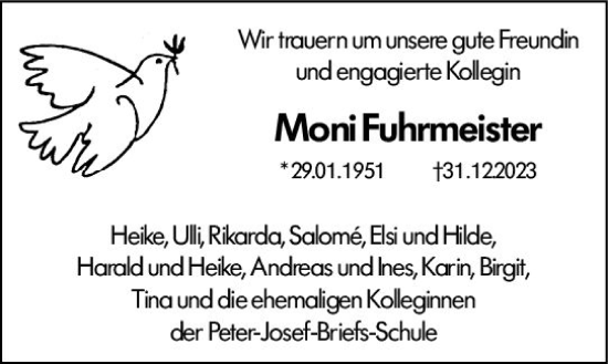 Traueranzeige von Moni Fuhrmeister von Hochheimer Zeitung