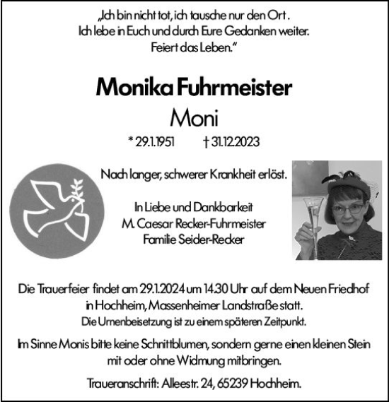 Traueranzeige von Monika Fuhrmeister von Hochheimer Zeitung