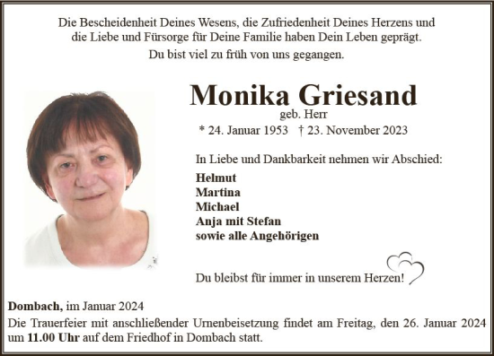 Traueranzeige von Monika Griesand von Camberger Anzeiger