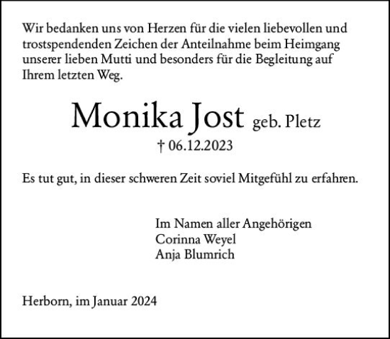 Traueranzeige von Monika Jost von Dill Block