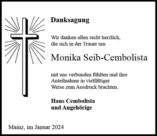 Traueranzeige von Monika Seib-Cembolista von Allgemeine Zeitung Mainz