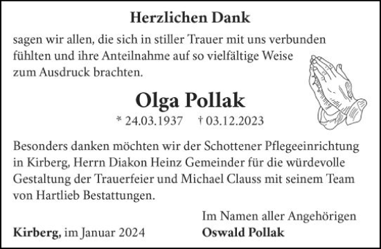 Traueranzeige von Olga Pollak von Camberger Anzeiger