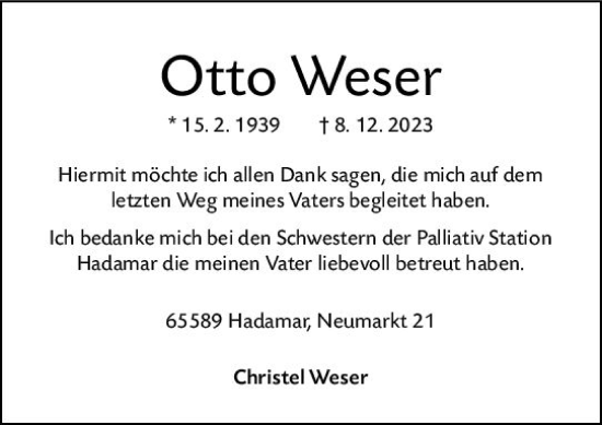 Traueranzeige von Otto Weser von Nassauische Neue Presse