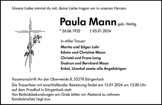 Traueranzeige von Paula Mann von Allgemeine Zeitung Mainz
