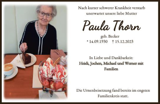 Traueranzeige von Paula Thorn von Allgemeine Zeitung Alzey