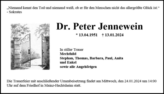 Traueranzeige von Peter Jennewein von Allgemeine Zeitung Mainz