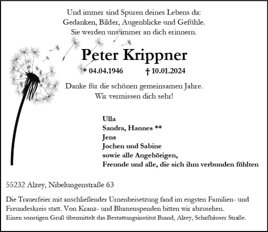 Traueranzeige von Peter Krippner von Allgemeine Zeitung Alzey