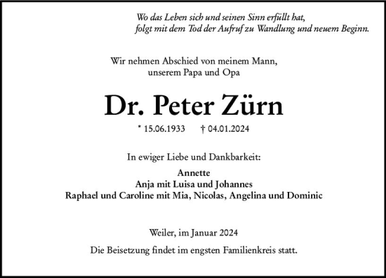 Traueranzeige von Peter Zürn von Allgemeine Zeitung Bingen/Ingelheim