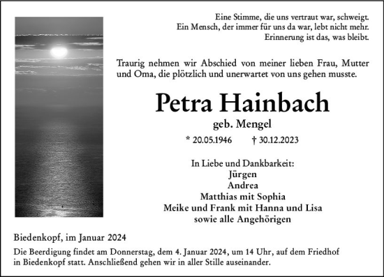 Traueranzeige von Petra Hainbach von Hinterländer Anzeiger