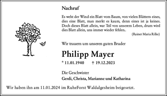 Traueranzeige von Philipp Mayer von Allgemeine Zeitung Bingen/Ingelheim