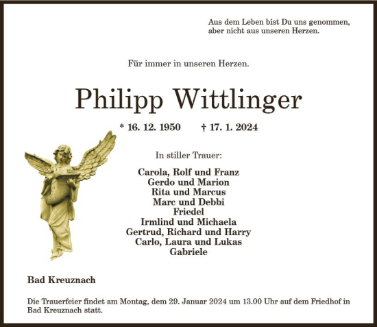 Traueranzeige von Philipp Wittlinger von Allgemeine Zeitung Bad Kreuznach