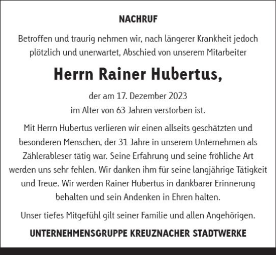 Traueranzeige von Rainer Hubertus von Allgemeine Zeitung Bad Kreuznach