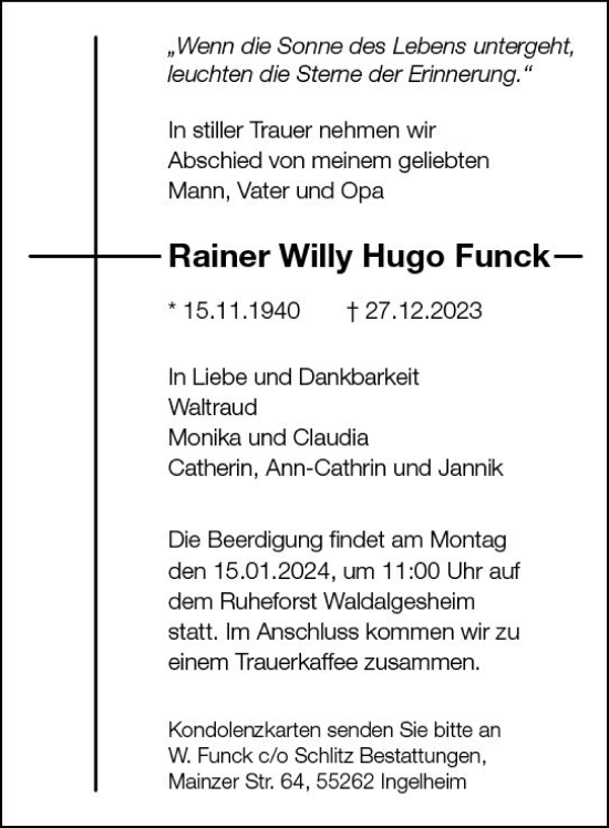 Traueranzeige von Rainer Willy Hugo Funck von Allgemeine Zeitung Mainz