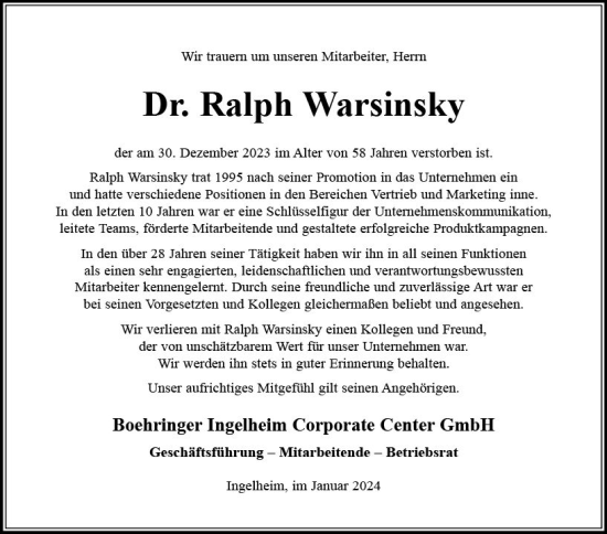 Traueranzeige von Ralph Warsinsky von Allgemeine Zeitung Bingen/Ingelheim