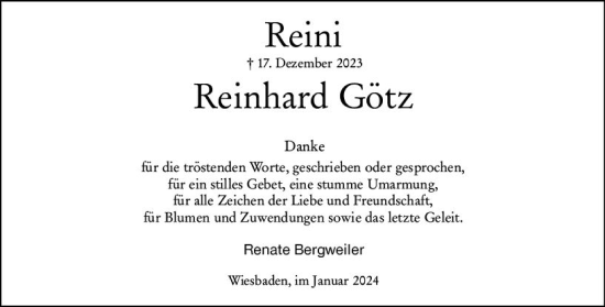 Traueranzeige von Reinhard Götz von Wiesbadener Kurier