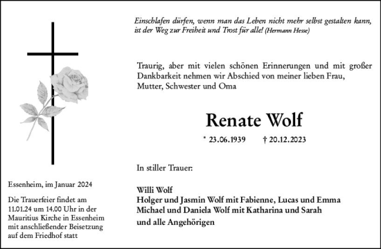 Traueranzeige von Renate Wolf von Allgemeine Zeitung Mainz