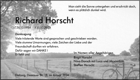 Traueranzeige von Richard Horscht von Dieburger Anzeiger/Groß-Zimmerner Lokal-Anzeiger
