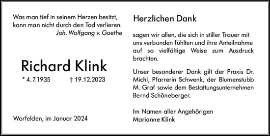 Traueranzeige von Richard Klink von Groß-Gerauer Echo