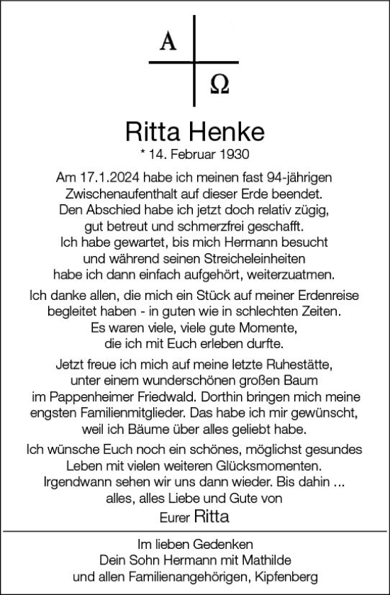 Traueranzeige von Ritta Henke von Allgemeine Zeitung Mainz