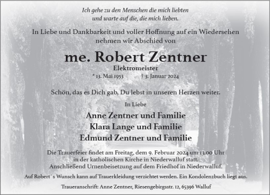 Traueranzeige von Robert Zentner von Wiesbadener Kurier