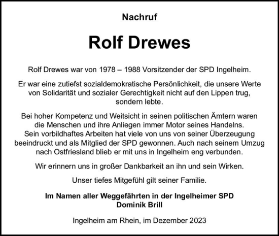 Traueranzeige von Rolf Drewes von Allgemeine Zeitung Bingen/Ingelheim