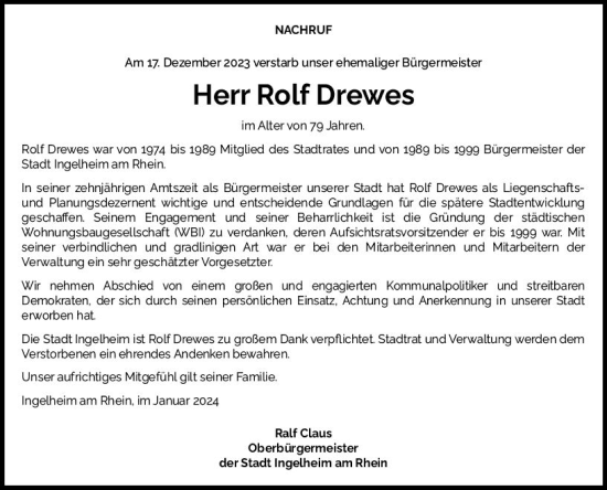 Traueranzeige von Rolf Drewes von Allgemeine Zeitung Bingen/Ingelheim