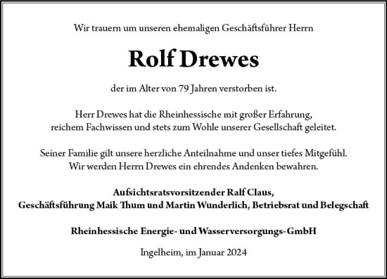 Traueranzeige von Rolf Drewes von Allgemeine Zeitung Bingen/Ingelheim