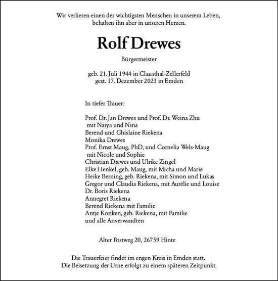 Traueranzeige von Rolf Drewes von Allgemeine Zeitung Bingen/Ingelheim