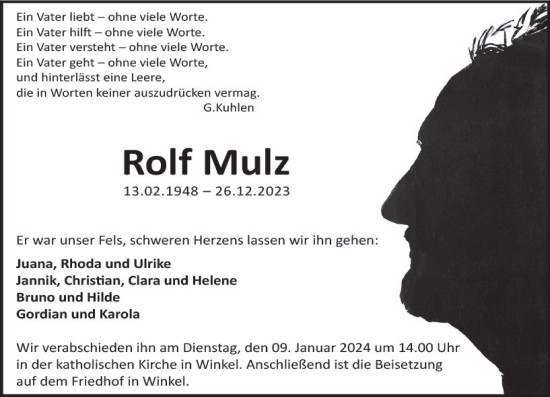 Traueranzeige von Rolf Mulz von Rheingau Kurier