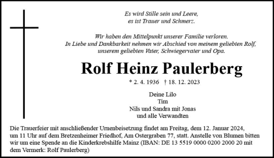 Traueranzeige von Rolf Heinz Paulerberg von Allgemeine Zeitung Mainz